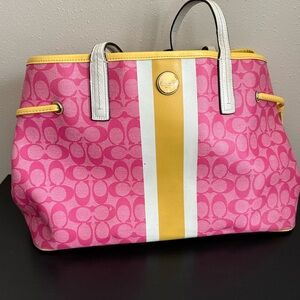 Coach Pink Signature Canvas Tote with Yellow & White Stripe